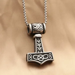 Viking Thor's Hammer Mjölnir Pendant Necklace For Men Stainless Steel Antique Silver Nordic Rune Celtic Knot Punk Jewelry Gift