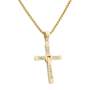 Golden titanium steel cross pendant necklace with sparkling crystals on box chain