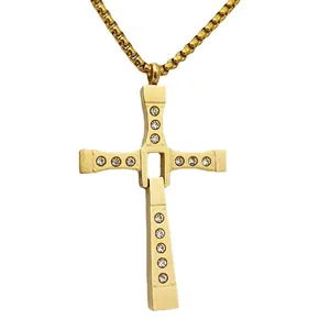 Movable gold stainless steel cross necklace with crystal rhinestones for men