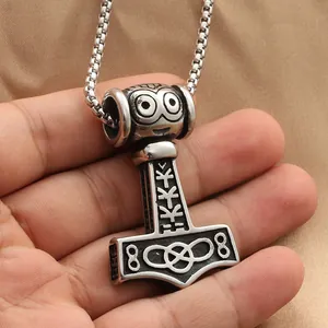 Vintage Thor's Hammer Mjölnir pendant necklace in stainless steel with owl design