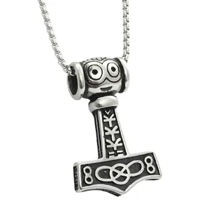Vintage Thor Mjolnir hammer pendant necklace in stainless steel with Nordic rune engravings