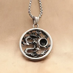 Retro stainless steel dragon circle pendant with punk style and vintage oxidation finish