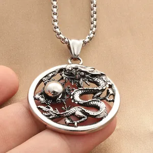 Punk style stainless steel dragon pendant necklace with round openwork carved design