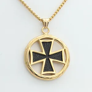 Gothic titanium steel cross pendant necklace with black enamel inlay and gold plating
