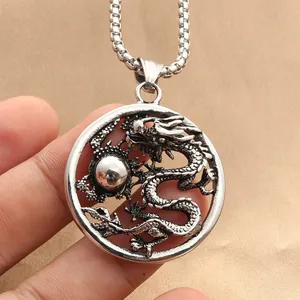 Punk vintage stainless steel dragon pendant necklace with polished bead for men