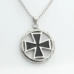 Retro stainless steel iron cross necklace with black textured finish on box chain