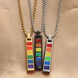 Collar con Colgante de Rayas del Orgullo Arcoíris Acero Inoxidable Rectángulo Geométrico Punk Hip Hop Joyería Vintage Regalo para Hombre Mujer
