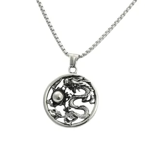 Retro stainless steel dragon and bead pendant necklace with classic box chain