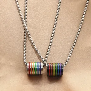 Stainless Steel Rainbow Striped Cylindrical Pendant Necklace For Men Women Punk Pride Jewelry Box Chain Double Layer Necklaces