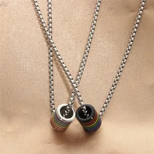 Titanium steel rainbow cylinder pendant necklace set with silver and black finish