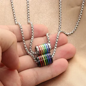 Punk style rainbow striped cylinder pendants in silver and black stainless steel