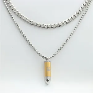 Detail of bullet-shaped perfume pendant with dog paw print on double-layer steel chains