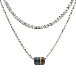 Double-layer stainless steel necklace featuring a rainbow cylinder pendant for men