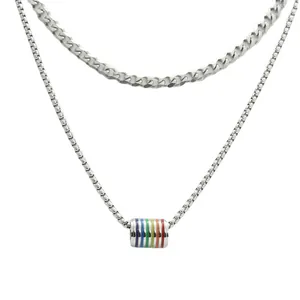 Double-layered stainless steel necklace with a rainbow striped cylindrical pendant