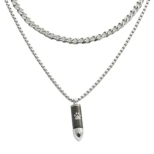 Double-layer stainless steel bullet pendant necklace with pet paw print on box chain