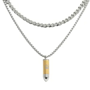 Double-layer bullet pendant necklace in silver and gold steel with unique paw print icon