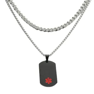 Collier double couche en acier inoxydable avec plaque médicale noire et logo rouge