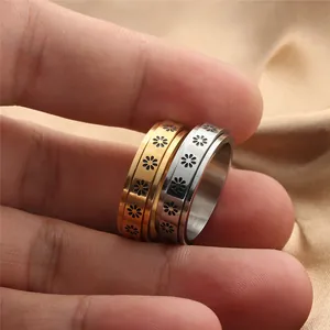 Vintage titanium steel daisy ring set for men in gold and silver finish with floral pattern