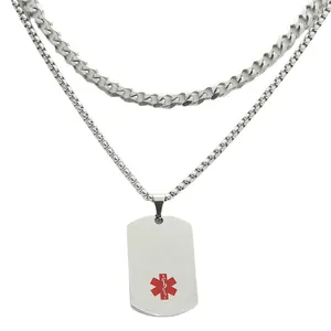Pendentif d'alerte médicale en acier titane avec étoile de vie sur chaîne double