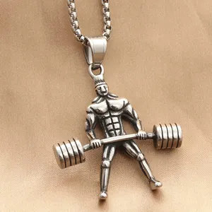 Collier avec pendentif homme musclé haltère en acier inoxydable style vintage punk