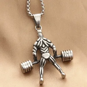 Collier pendentif haltérophile punk pour hommes en acier inoxydable poli et argent