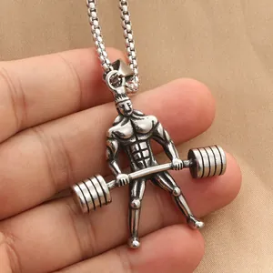 Collier punk pour homme en acier inoxydable avec pendentif haltérophile et haltère