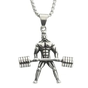 Pendentif haltérophile punk en acier inoxydable argenté avec chaîne pour hommes