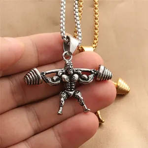 Collana con pendente uomo muscoloso sollevamento pesi in acciaio inossidabile stile punk