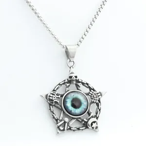 Close-up of stainless steel pentagram pendant with blue eye and masonic symbols