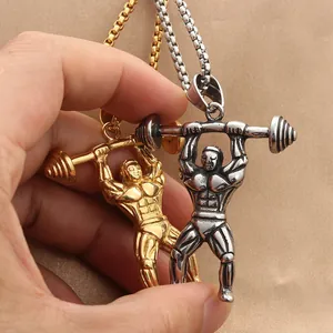 Punk style stainless steel weightlifter pendant necklace in gold and silver finish