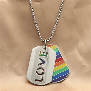Punk-Stil Edelstahl-Hundemarken-Halskette mit LOVE-Ausschnitt und Regenbogenfarben