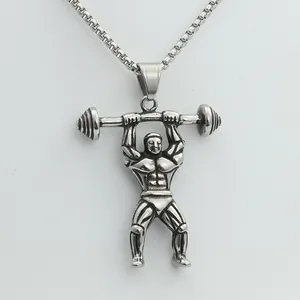 Detailed view of silver dumbbell lifter pendant on box chain for fitness jewelry