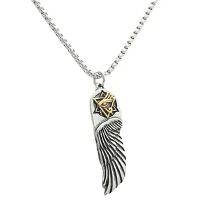 Retro Punk Titanstahl Federflügel Anhänger Halskette mit goldenem Auge des Horus und Stern