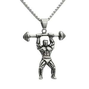 Men's vintage silver weightlifting pendant necklace with muscle man on square pearl chain