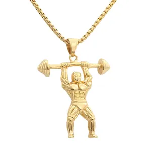 Golden weightlifter pendant necklace with barbell for men in polished stainless steel
