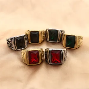 Vintage Men's Stainless Steel Square Gemstone Ring Punk Retro Gold Silver Plated Carved Leaf Signet Ring Jewelry Gift