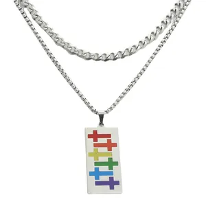 Collana a doppio strato in acciaio titanio punk con pendente rettangolo a croce arcobaleno