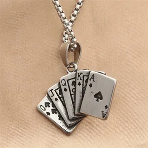 Punk vintage stainless steel royal flush poker pendant with round box chain necklace