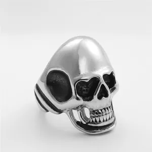 Detailed close-up of a silver-colored punk skull ring in polished stainless steel metal