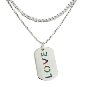 Zweilagige Edelstahl-Halskette mit Regenbogen-LOVE-Hundeanhänger für Herren