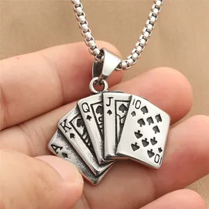 Retro stainless steel poker card pendant necklace with vintage silver flush finish
