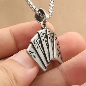 Punk vintage royal flush poker cards pendant necklace in retro silver stainless steel