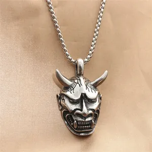 Stainless Steel Hannya Mask Pendant Necklace For Men Vintage Gothic Punk Demon Ghost Mask Retro Jewelry Accessory Gift