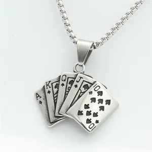 Detailed close-up of punk style stainless steel royal flush poker pendant on a chain