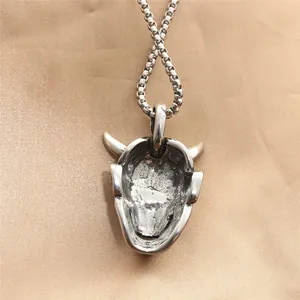 Vintage punk bull skull devil mask pendant in silver steel with ball chain on satin