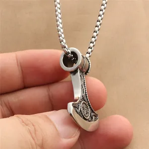 Vintage Thor Hammer pendant in stainless steel with Nordic Viking engravings on a chain