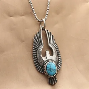 Vintage Stainless Steel Eagle Pendant Necklace With Synthetic Turquoise Punk Ethnic Indian Style Jewelry For Men Retro Silver