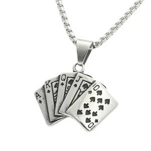 Punk vintage stainless steel necklace featuring a Royal Flush poker card spade pendant