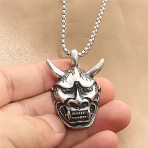 Retro stainless steel Hannya mask pendant on square chain for men's punk style jewelry