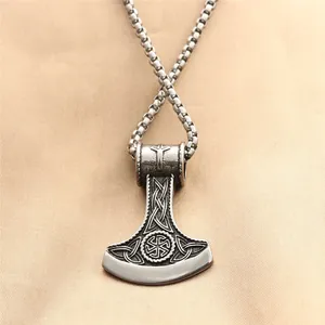 Retro stainless steel Thor hammer necklace with Kolovrat symbol on golden silk background